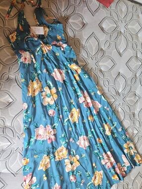 Patrons of Peace Teal Dress with Yellow, Pink & Green Floral Print